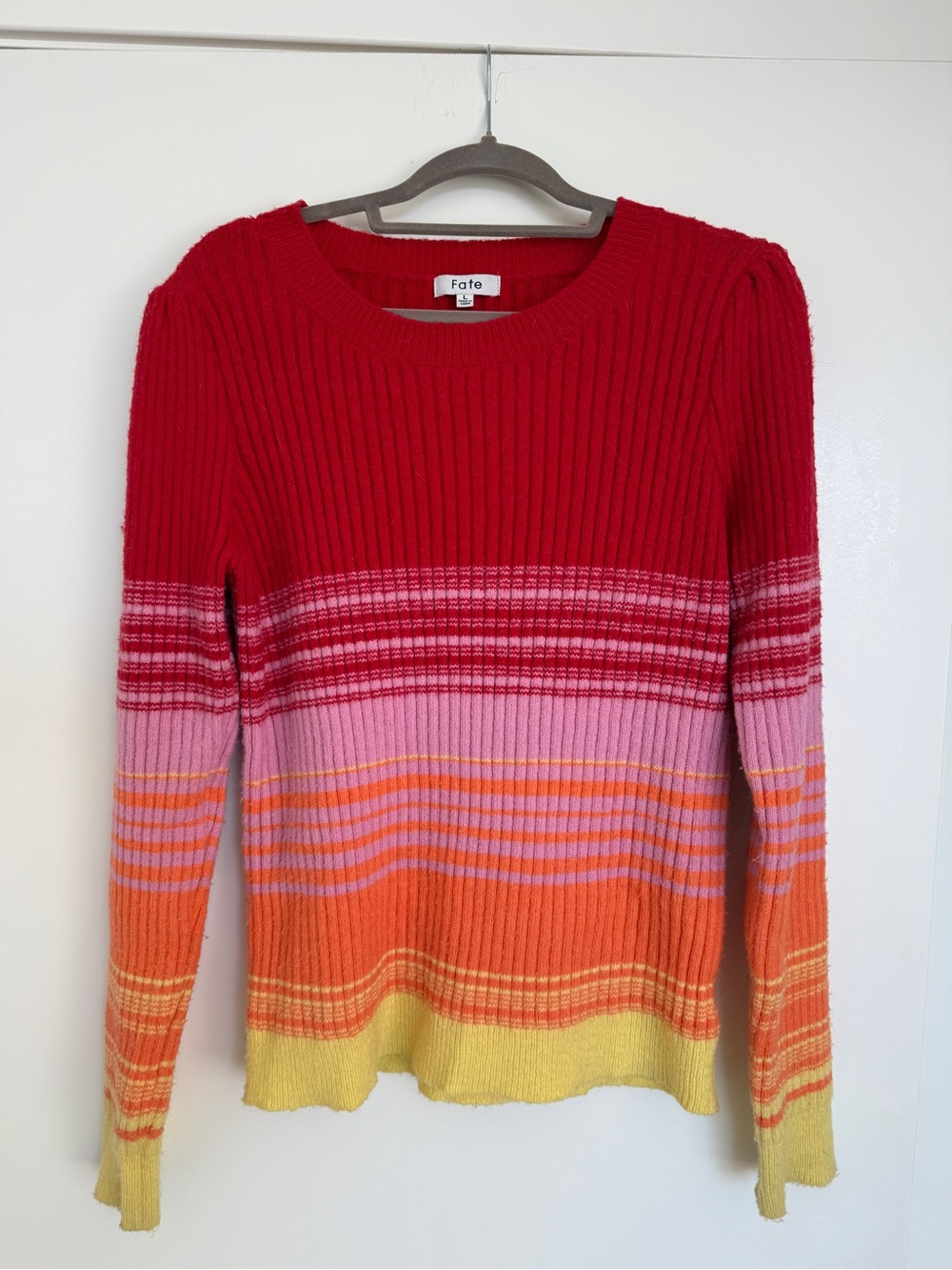 Fate Ribbed Crewneck fitted Sweater- shoulder puff. Red Pink Orange Yellow